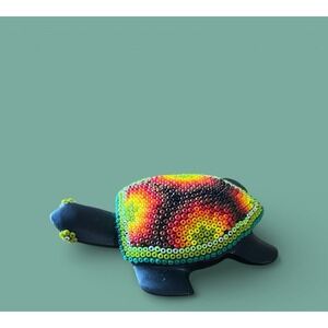 Huichol Obsidian Sea Turtle Beaded Figurine Multicolor Handmade Folk Art Mexico